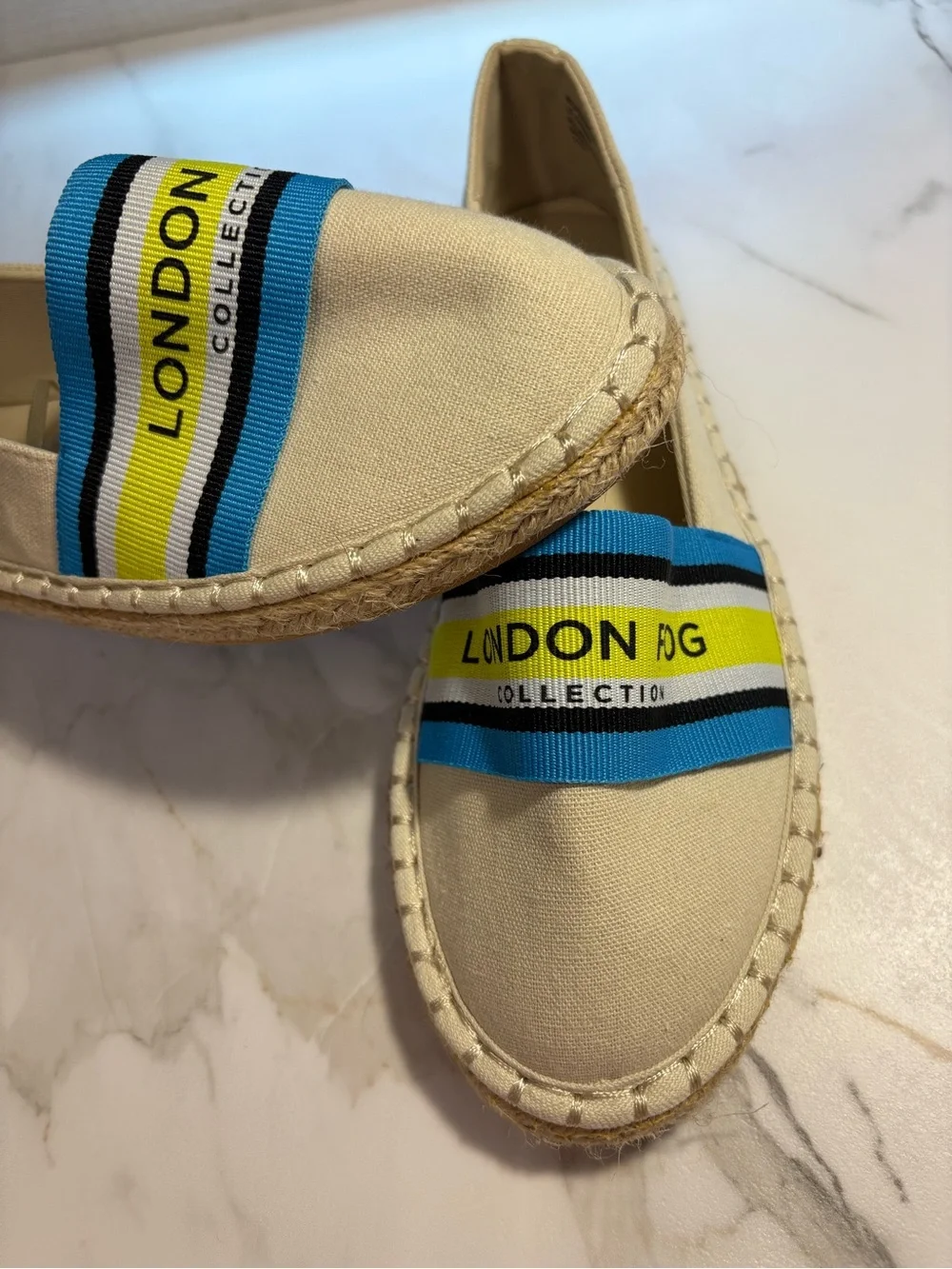 London Fog Cream Espadrille Slip-Ons with Blue and Yellow Stripes